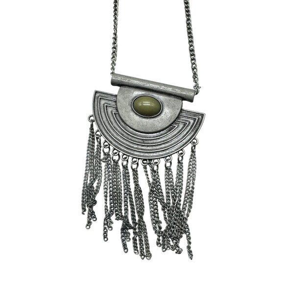 Paparazzi Silver & Olive Green Fringe Necklace & Earring Set - Picture 1 of 5